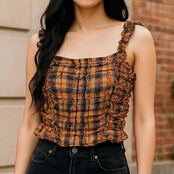VERB Tops - VERB Anthropologie Women's Crop Top Ruffle Plaid Smocked Orange Size Large